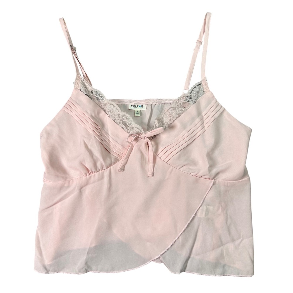 Selfie Y2K Ballerina Lace Trim Camisole Bow Pintuck Chiffon‎ Top Coquette Pink L